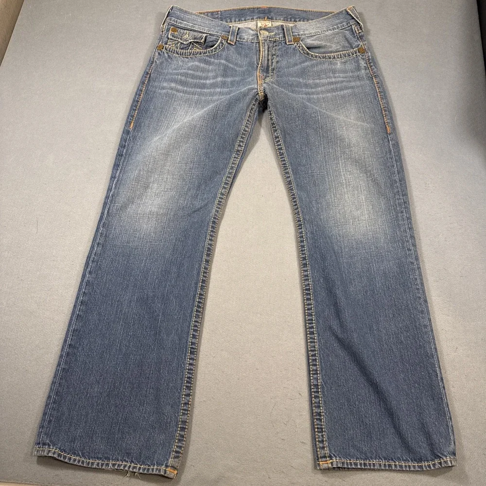 True Religion Ricky Big T WITH FLAP Jeans 38 WIDE LEG WHIKERING THICKE STITCH